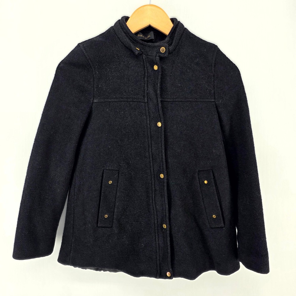 Zara Basic Jacket Womens XS Black Wool Blend Gold Snap Button Funnel Neck Coat